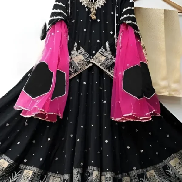 Embroidered Maxi Dress - Heavy 3-Piece Outfit with Net Dupatta